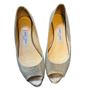 Jimmy Choo Silver Peep Toe Flats, size 39.5